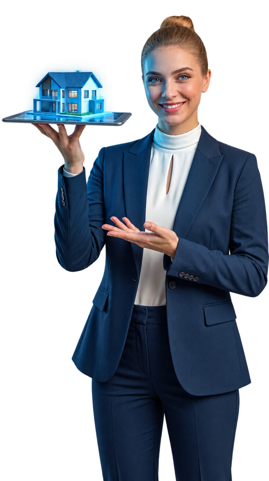 Anna, die digitale Assistentin von DerMakler.digital, mit einem Haus auf dem Tablet